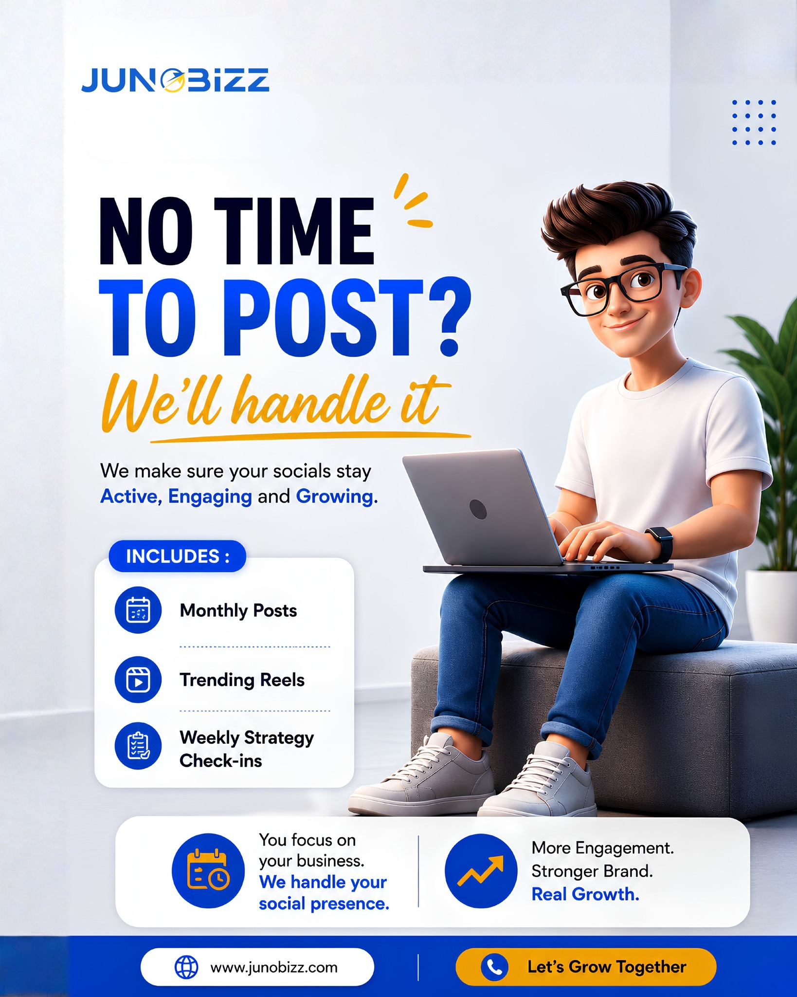 No time to post? No problem. We’ve got your socials covered.From consistent monthly posts to trending Reels and a strategy built around your goals, JunoBizz helps keep your brand active, engaging, and growing—while you focus on your business.Your business deserves more than random posts. It deserves a social presence that works.Let’s grow your brand together. 💙💛#JunoBizz #SocialMediaMarketing #DigitalMarketingDehradun
