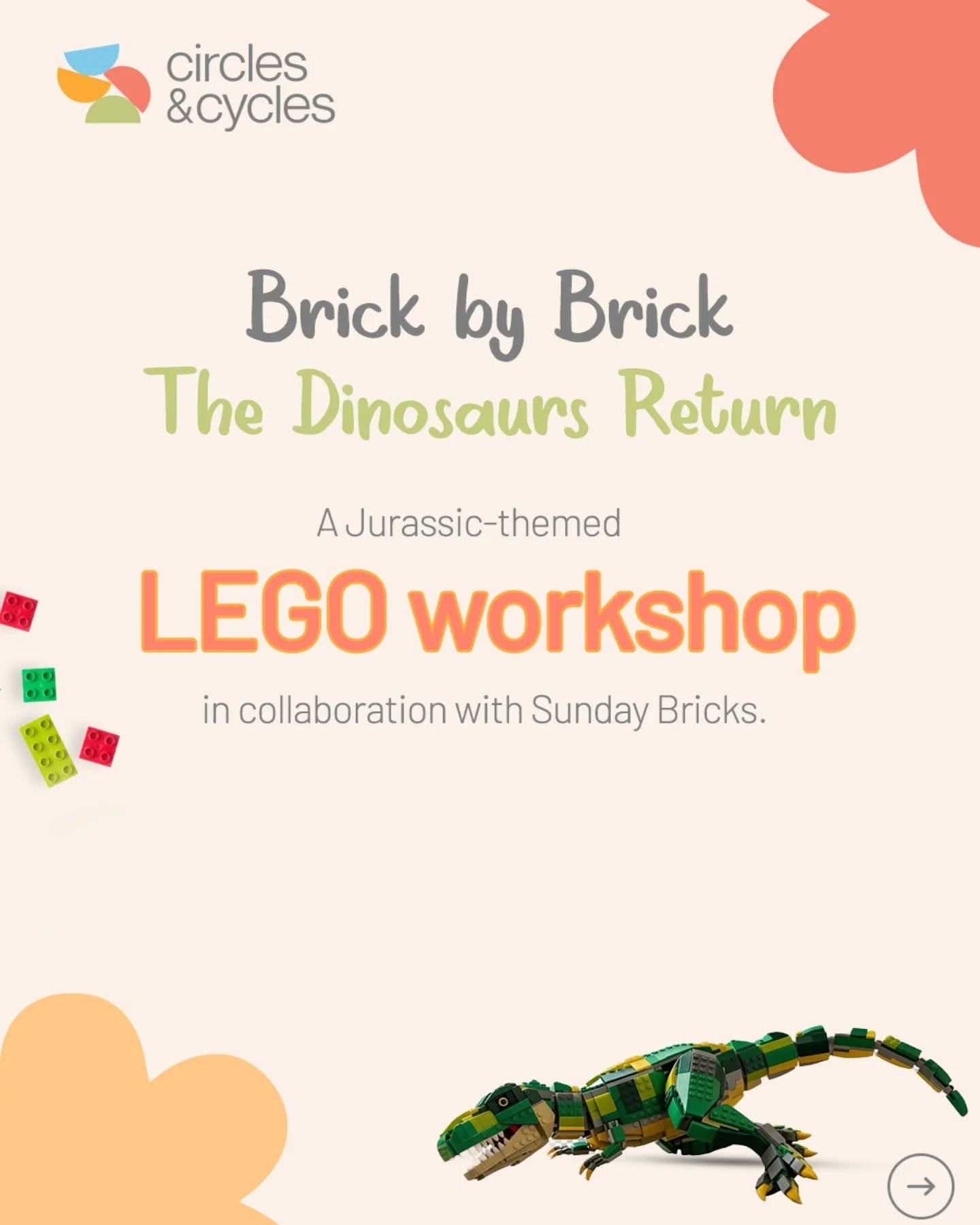 If your child loves building, this one’s for them.
On 28th March, we’re hosting a Jurassic-themed LEGO Workshop with Sunday Bricks. Children will work in age-based batches to build dinosaurs, explore creative challenges and even try a volcano experiment all through guided, hands-on play.Senior (6 - 12 years) (1.5 hours – Classic LEGO): 3:30 PM to 5 PM
Junior 3.5 - 5 years (1 hour – DUPLO): 5:30 PM to 6:30 PM
DIY Dino pack to take home.To register, call 9820153156.#LEGOWorkshop #BandraSchool #HandsOnPlay #CreativeChildhood
#CirclesAndCycles