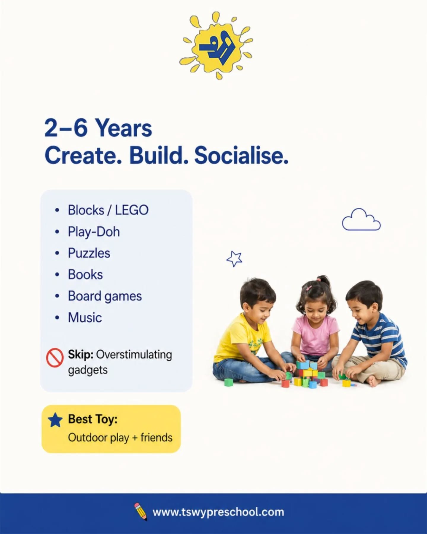 Children don’t need expensive toys.
They need experiences that build curiosity, creativity, movement, and confidence. 🧠✨The best learning in early childhood happens through connection, exploration, problem-solving, and imaginative play.At TSWY Preschool, we believe every toy should help a child think, create, and grow — not just stay occupied. ❤️Save this before your next toy purchase.
Follow TSWY Preschool for more early learning tips.#TSWYPreschool #PreschoolLearning #EarlyChildhoodEducation #BrainDevelopment #SmartParenting
ToddlerActivities LearningThroughPlay PreschoolIndia ParentingTips ChildDevelopment MontessoriInspired KidsLearning CreativePlay EarlyLearning PreschoolActivities PositiveParenting PlayBasedLearning DelhiPreschool BestPreschool KidsDevelopment PreschoolLife ParentingIndia ImaginativePlay GrowingMinds LittleLearners