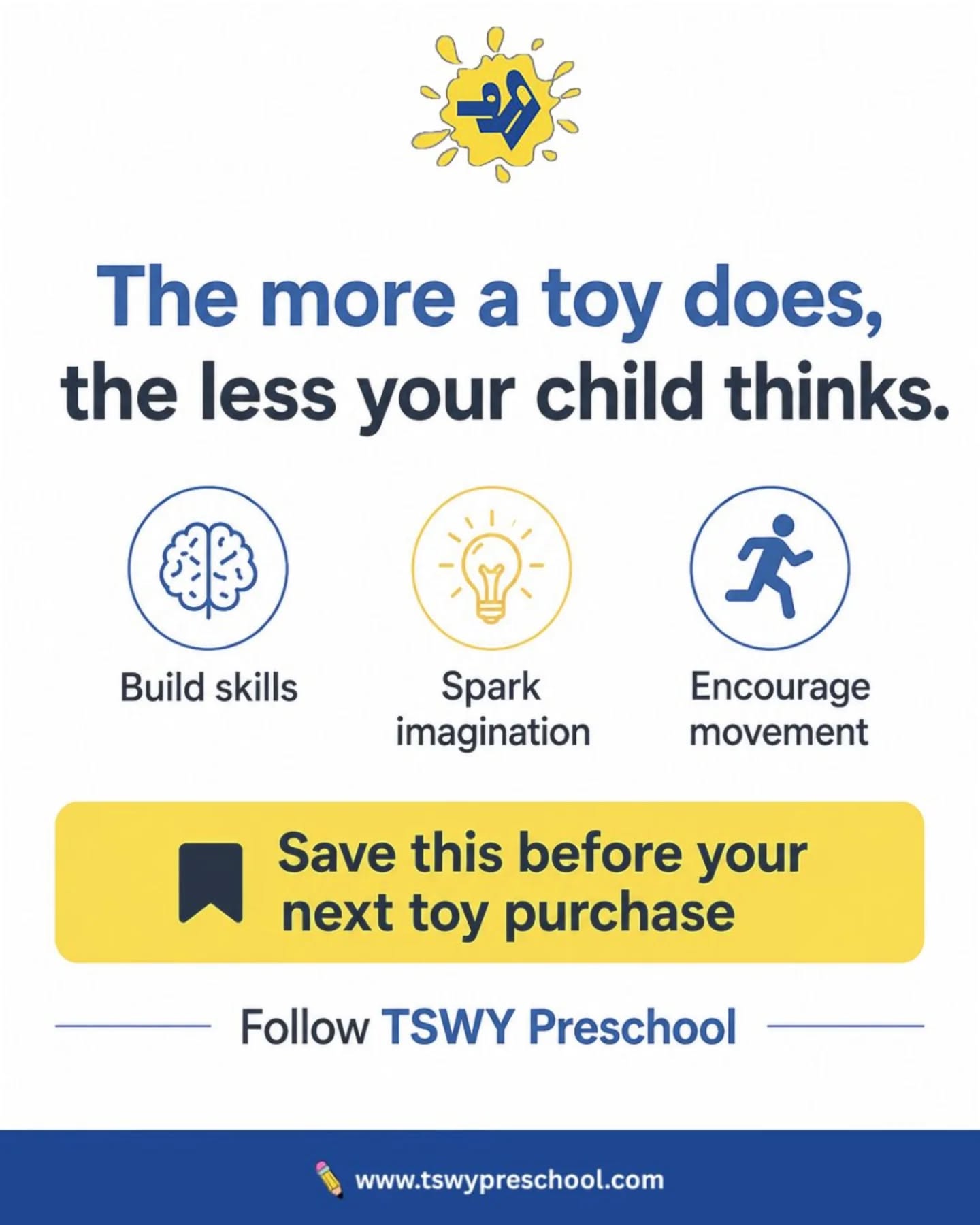 Children don’t need expensive toys.
They need experiences that build curiosity, creativity, movement, and confidence. 🧠✨The best learning in early childhood happens through connection, exploration, problem-solving, and imaginative play.At TSWY Preschool, we believe every toy should help a child think, create, and grow — not just stay occupied. ❤️Save this before your next toy purchase.
Follow TSWY Preschool for more early learning tips.#TSWYPreschool #PreschoolLearning #EarlyChildhoodEducation #BrainDevelopment #SmartParenting
ToddlerActivities LearningThroughPlay PreschoolIndia ParentingTips ChildDevelopment MontessoriInspired KidsLearning CreativePlay EarlyLearning PreschoolActivities PositiveParenting PlayBasedLearning DelhiPreschool BestPreschool KidsDevelopment PreschoolLife ParentingIndia ImaginativePlay GrowingMinds LittleLearners